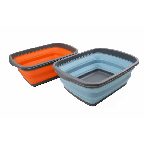 SAMMART 10L (2.6 Gallons) Set of 2 Collapsible Tub - Foldable Dish Tub - Portable Washing Basin - Space Saving Plastic Washtub (Sea Angel + Orange, 2)