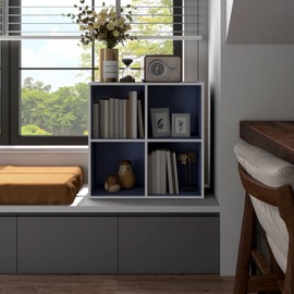 HOMES: Inside + Out Apexa 4 Cube Storage Organizer Shelves, Stackable Wood Bookcase Fits Cubby Bins for Organization, Dorm Teen Room Decor & Home Office, Steel Blue