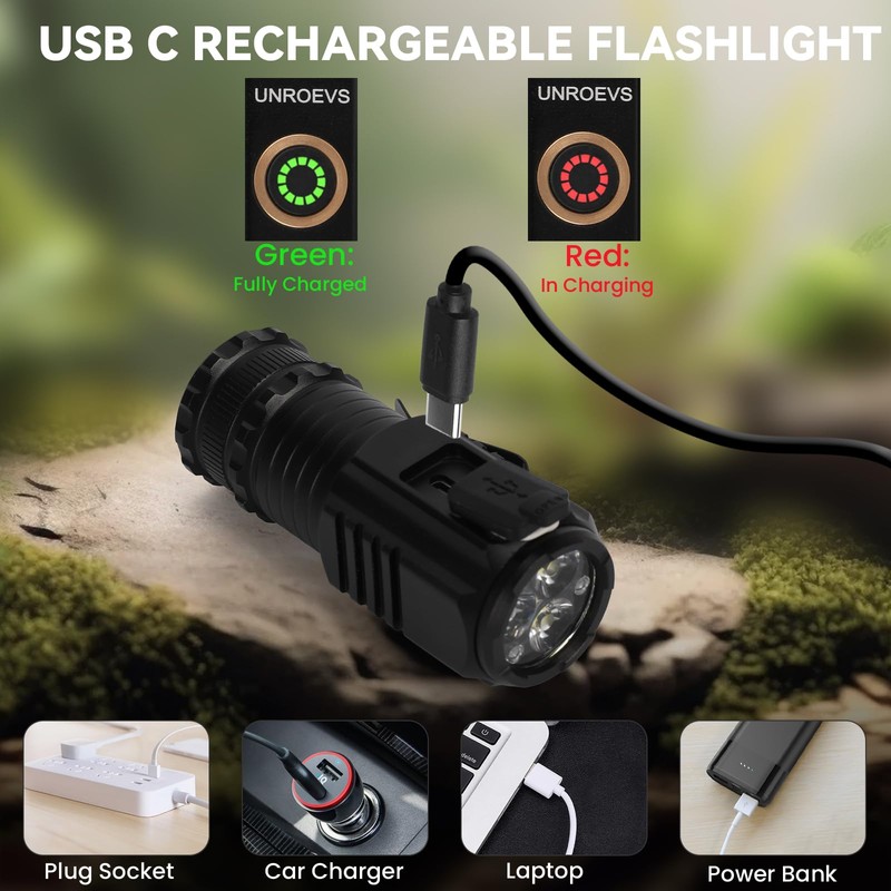 UNROEVS Mini Flashlight 2550 Lumens Rechargeable USB C Charging, Small