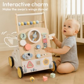 KizKnows Wooden Baby Walker with Activity Center, Adjustable Speed Push Walker for Toddlers, Sit-to-Stand Learning Walker Toy for Boys & Girls 12–24 Months