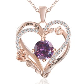 YYSuniee 18K Gold Plated Heart Birthstone Necklace for Women Designer Inspiration 925 Sterling Silver Rose Heart Pendant Necklace Valentine Christmas Birthday Gift(Rose Gold-Feb-02)