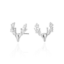 Sterling Silver Shiny Deer Head With Floral Antler Stud Earrings