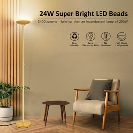BoostArea Torchiere Floor Lamp, 24W Super Bright LED Standing Lamp, 3000K Stepless Dimmable Pole Lamp with Rotary Switch, 70 Inch Tall Metal Modern Floor Lamps for Living Room/Bedroom/Office/Den, Gold