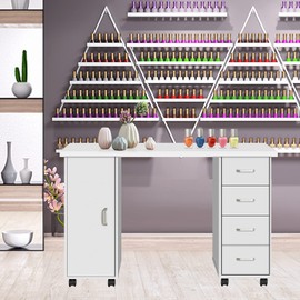 Binrrio Nail Table Manicure Station Desk with 4 Drawers/1 Cabinet, Beauty Manicure Table with Wheels, Spa Salon Wooden Technician Workstation Profession, White