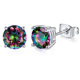 18K White Gold Plated 8mm Round Stud Earrings Created Rainbow Quartz Mystic Topaz Gemstone Earingings Mens Women Hypoallergenic Jewelry Gifts