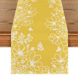 Artoid Mode Yellow Bloom Flowers Butterfly Spring Table Runner, Seasonal Holiday Kitchen Dining Table Decoration for Home Party Indoor 13x108 Inch