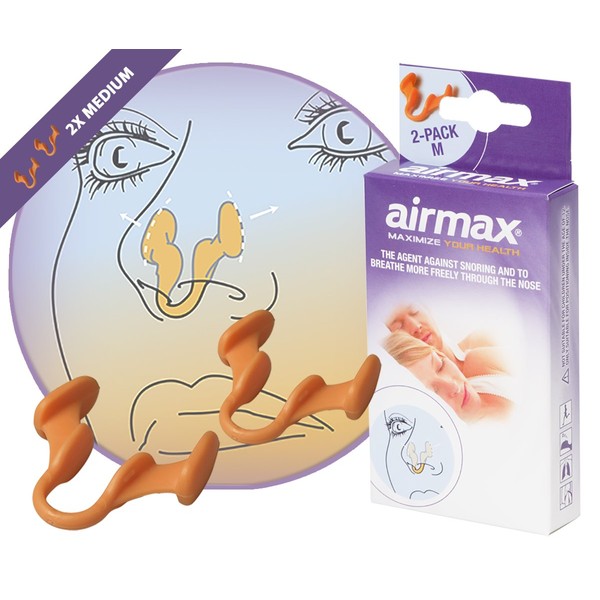 Airmax nasal dilators | 76% more air | Breathing aid through the nose | 2 Pack - size medium orange | anti snore device | More oxygen | Snoring aids for men and women | sleep better and wake up rested | nasal congestion | Free storage case included