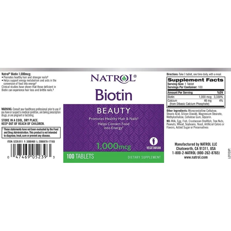 Natrol Biotina 1,000 Mcg 100 Belleza Cabello Uñas Piel