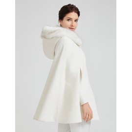 BEAUTELICATE Women Wedding Cape Winter Wool Cape Hooded Cloak for Bride Fur Hood with Fur Trim