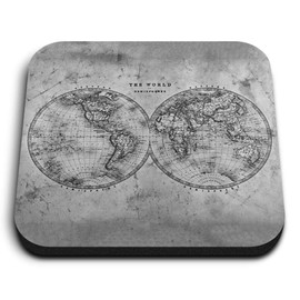 1 x Square MDF Fridge Magnet - World Hemispheres Vintage Style Map 36330
