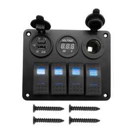 Vkinman 4 Gang Rocker Switch Panel with Dual USB Charger, 12V Waterproof Power Socket Digital Voltmeter for Boat RV Trailer Vehicle