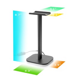 TanoTech, headphone stand, headset stand, 2 in 1, RGB multicolor, headphone holder for desk, tabletop, desk and gamer accessories, desk accessories, over-ear headphones, aluminium metal holder (Black)