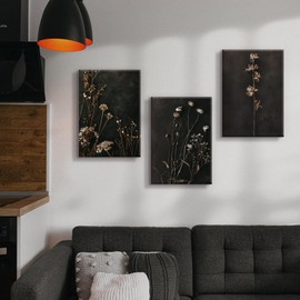 QMWIDKL 3Pcs Black Moody Floral Canvas Wall Art Dark Wildflower Wall Decor Modern Minimalist Botanical Pictures Prints Large paintings for living room bedroom office Ready to hang(16x24inch)