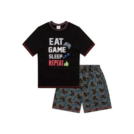 ThePyjamaFactory Boys Short Gamer Pyjamas 9 to 15 Years Black Cartoon Eat Game Sleep Controller Mid Thigh Length Short Sleeve Pull On Mid High 158 2 Count, black