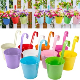 XRR Hanging Planters, 10 Pack 6.3" x 4.7" x 5.3" Removable Hanging Flower Pot Hook Metal Bucket for Railing Fence Balcony Garden Suitable for Indoor and Outdoor(10 Colors 10 Pieces)