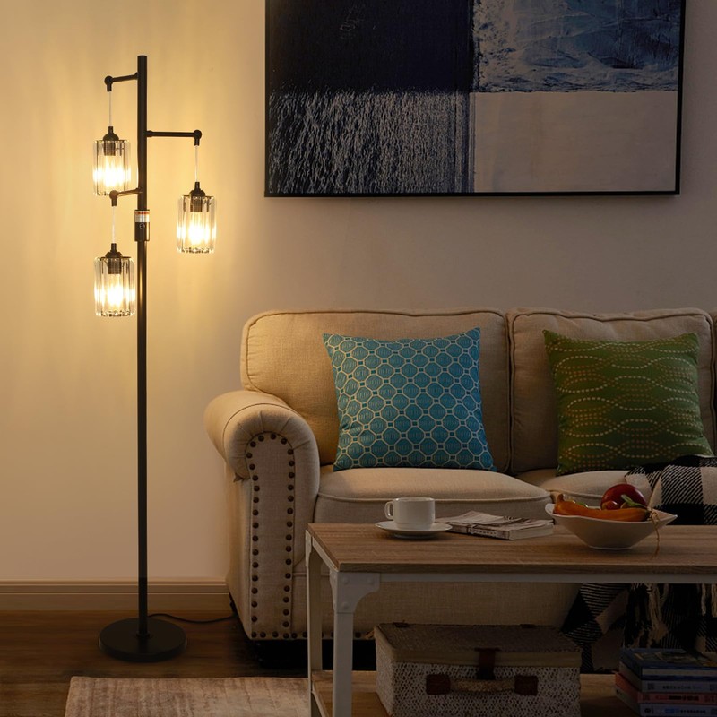 Stepeak Black Modern Crystal Floor Lamp, 3 Lights Standing Lamp