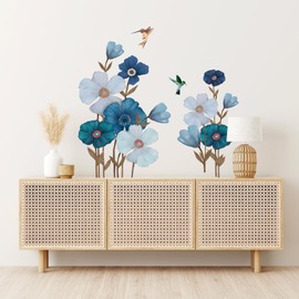 Tanlaby Blue White Flowers Wall Sticker Flower Plant Wall Sticker Birds Wall Sticker for Women Living Room Bedroom Offices Sofa Background Home Wall Decoration