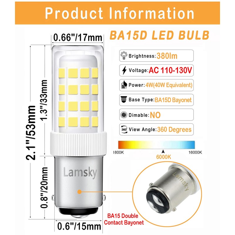 Lamsky (4-Pack) BA15D LED Double Contact Bayonet Base Sewing Machine