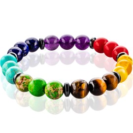 FABACH Chakra Bead Bracelets with 8 mm Gemstone Beads, Lava Stone and Onyx Stone (Black), Yoga Bracelets Made of Healing Stones, Energy Bracelets for Men and Women, Rubber