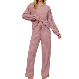 Blooming Jelly Womens Cute 2 Piece Pajama Sets Soft Long Sleeve Sleepwear Drawstring Crew Neck Loungewear (M, Pink)