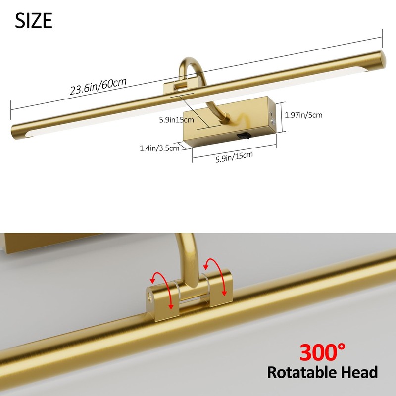 Aipsun 23.6" Brass Picture Lights for Wall Rechargeable,12000mAh Battery Operated