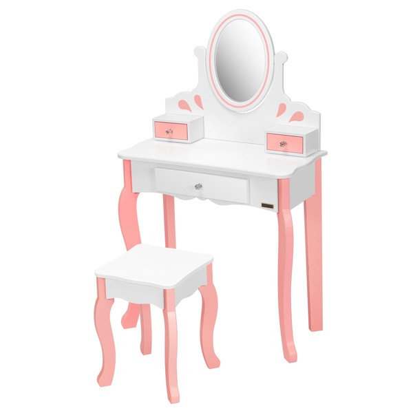 VIVOHOME Kids Vanity Set, Princess MDF Makeup Dressing Table with 360° Rotating Mirror and Drawers for Girls, White