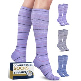 Pembrook Light Compression Socks for Women & Men - 3 Pairs | Knee High Women’s Compression Socks | Fun Compression Socks Nursing | Black, Blue, Pink (Multicolor Stripes)