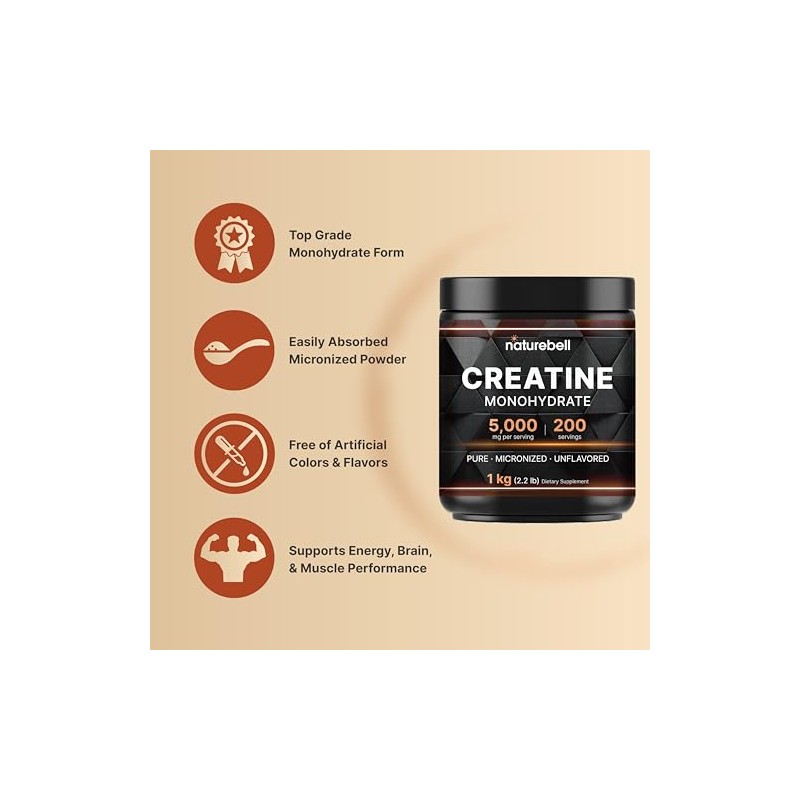 NatureBell Creatine Monohydrate Powder 1,000g, 5,000mg Per Serving, 200 Servings