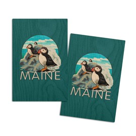 Maine, Puffins Scene, (4x6 Birch Wood Postcards, 2-Pack Stationary, Rustic Home Wall Decor)