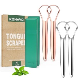 RONAVO Raspador De Lengua Para Adultos (4 Piezas), Rascador De Lengua De Metal A Prueba De Herrumbre (Incluye Fundas De Viaje) Reduce El Mal Aliento, 