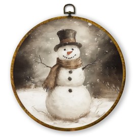 QZQE Vintage Winter Snowman Round Wall Art Decor Framed, Rustic Farmhouse Cottage Christmas Canvas Prints, Retro Xmas Cozy Winter Holiday Wall Hanging Decor for Home Bedroom Living Room, 10x10 Inch