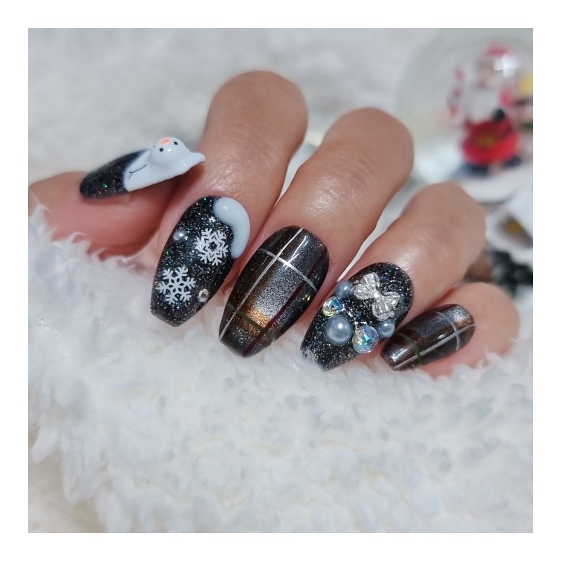 Snowman in the Night Sky Homemade Nail Tips - Short