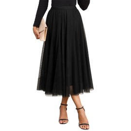 Happy Sailed Black Skirt for Women Fall Fashion Elastic High Waisted A-Line Pleated Flowy Long Tulle Tutu Skirts Date Night Outfit Womens Clothes 2025 Black Large