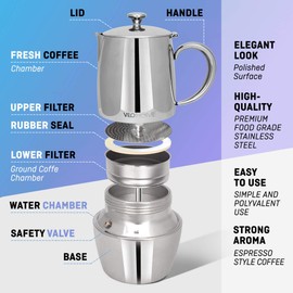 VeoHome Stovetop Espresso Coffee Maker - l Multi-Stove Stainless Steel Induction Moka Pot (300 mL)