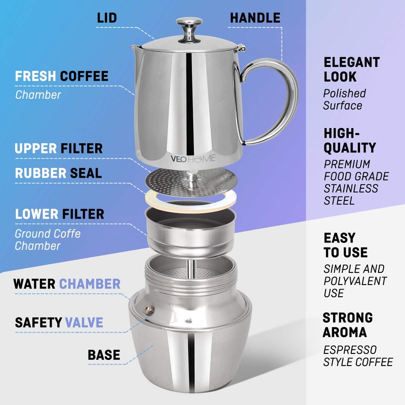 VeoHome Stovetop Espresso Coffee Maker - l Multi-Stove Stainless Steel