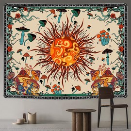 Meagtlva 59x51 Inch Sun Tapestry,Mushoom Tapestry,Wall Hanging Tapestry Aesthetic,Tapestry for Bedroom Living Room (Burning Sun)