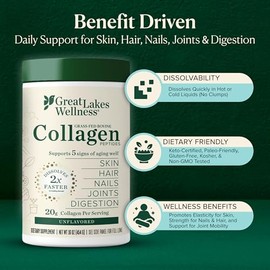 Great Lakes Wellness Collagen Peptides Powder – Supports Skin, Hair, Nails, Joints & Digestion – Hydrolyzed, Quick Dissolve, Non-GMO, Keto & Kosher – 