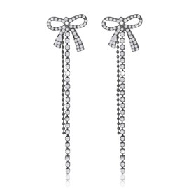 Bow Earrings for Women Silver Earrings Rhinestone Earrings Long Tassel Bow Dangle Earrings Prom Earrings Jewelry Prom Dress Accessories Outfit Valentines Day Gifts for Her