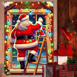 BlissYard Christmas Curtains Decorations 31x47 Inch Santa Claus Christmas Window Holiday Lights Display Banner Background For Doors And Windows Indoor Outdoor Christmas Festive Decoration