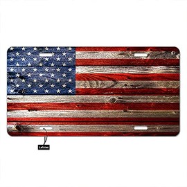 Lefolen Front License Plate Covers Wooden American Flag,Grunge Natural Wood Plank The USA Flag Stars Red Stripes Auto Car Tag Vanity Plates Aluminum Novelty Metal Plate for Men Woman 6" X 12"