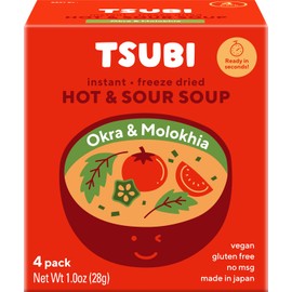 Tsubi Soup Freeze-Dried Tomato Soup Packets - Instant, Vegan, Easy Mix, Gluten & MSG-Free, and Flavorful - Ready in Seconds - Hot & Sour (Okra & Molokhia) Spicy - 4 Packs