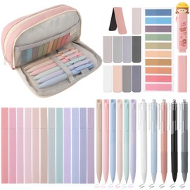 Guiqulai 45 PCS Aesthetic School Supplies,Big Capacity Pen Case with 12 Pastel Highlighter 6 Colour Pens 5 Black Pens10 Magnetic Bookmarks 10 Sticky Notes and Eraser for Students