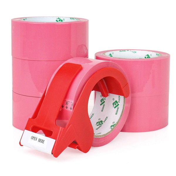 BOMEI PACK Pink Packing Tape with Dispenser, 2.6 Mil 1.88
