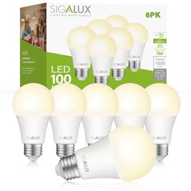 Sigalux LED Light Bulbs 100 Watt Equivalent Standard Warm Light Bulbs 2700K Soft White, Non-Dimmable A19 Nature Energy Saving 13W E26 Medium Base Bulb, High Brightness 1500 Lumens, UL Listed, 6 Pack