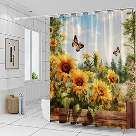 Yadshoti Sunflower Shower Curtains Farm Fence Yellow Flower Butterfly Plant Leaves Floral Spring Scenery Rustic Country Themed Bathroom Decor Polyester Fabric Curtain Set 70 x 70 Inch with Hooks