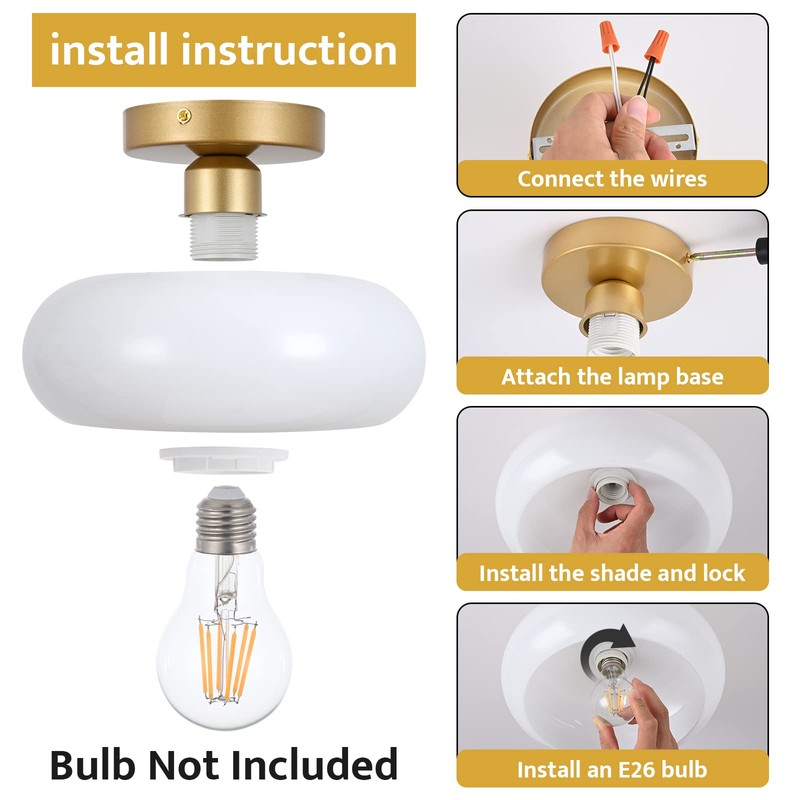 WOKNOS Mid-Century Modern Gold Semi Flush Mount Ceiling Light, Kitchen