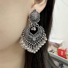 Boho Ball Tassel Statement Dangle Earrings for Women Girls Vintage Flower Heart Shaped Beaded Chandelier Drop Dangling Earring Lightweight Indian Bollywood Jewelry Gifts for Jhumka Festival Holiday Christmas (Silver Plated)