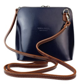 Girly Handbags Womens Genuine Leather Rigid Cross Body Shoulder Bag Real Italian - Navy Dark Tan