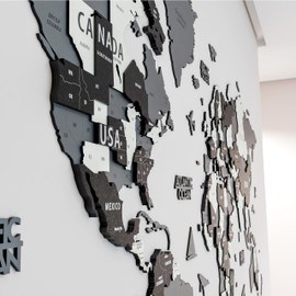 Colorfull Worlds 3D Wooden World Wall Art | Unique Wall Decor with Pins for Travel Enthusiasts | Home and Office Wall Décor | Grey | Large