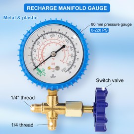 R410A Manifold Gauge, Air Conditioner Refrigerant Low Pressure Gauge, 1/4 Refrigerant Manifold Freon Gauges for R410A R22 R134A R404A 220 PSI